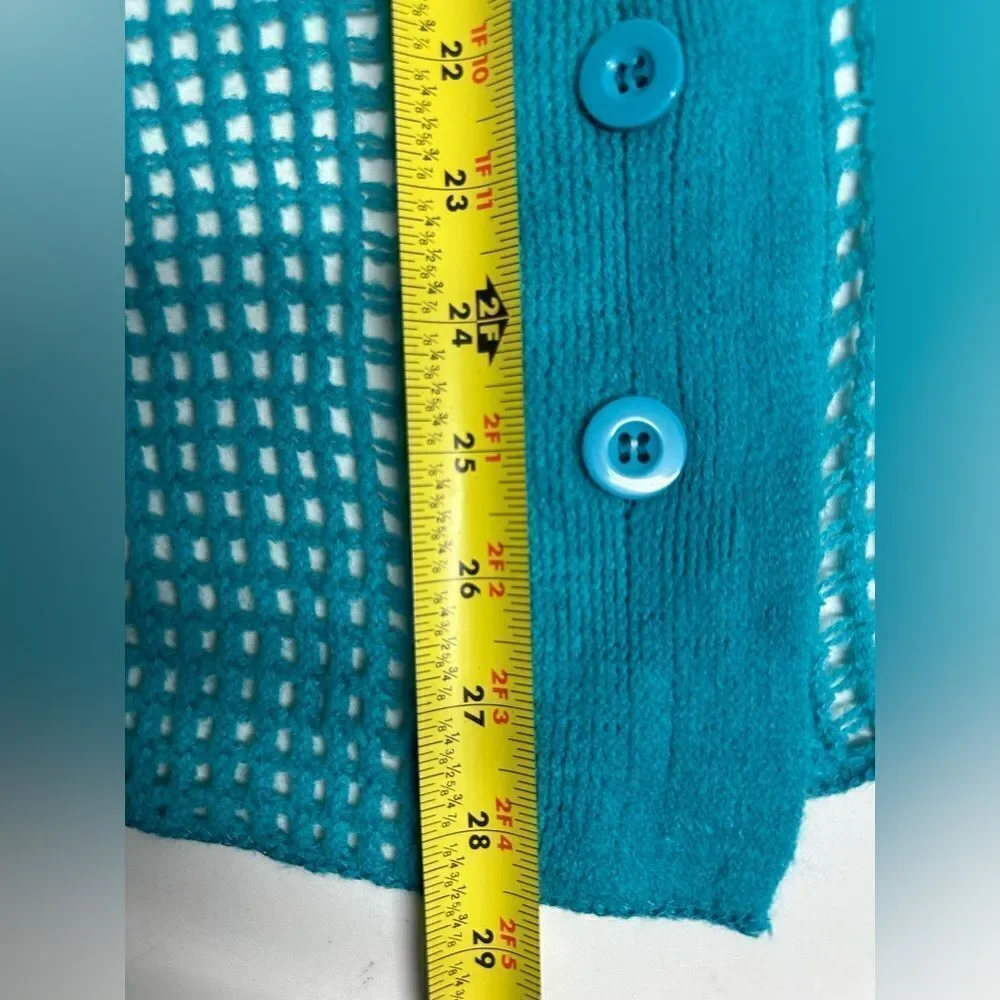Fishnet Knit Button Up Cardishawl, Teal, Blue, OS